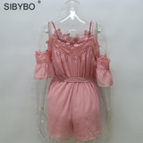 SIBYBO Summer Women Jumpsuits Rompers 2017 White Lace Patchwork Off Shoulder Beach Chiffon Playsuit Bodysuit Overalls