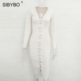 Sibybo Sexy Leather Suede Lace Up Bandage Winter Autumn Dress Women Long Sleeve Slim Elegant Party Bodycon Dress Vestidos