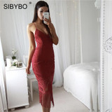 Sibybo Sexy Backless Bandage Lace Dress Women Sleeveless V-Neck Tassel Spaghetti Strap Dress Vestidos Elegant Long Party Dresses