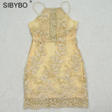 Sibybo Off Shoulder Summer Dress Women 2018 New Halter Bodycon Gold Beach Dress Sexy Cross Bandage Club Party Dresses