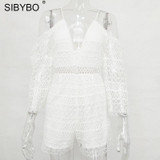 Sibybo Off Shoulder Lace Rompers Bodysuit Women Summer Deep V Neck Long Sleeve Combinaison Femme Sexy Beach Playsuit Overalls
