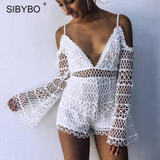 Sibybo Off Shoulder Lace Rompers Bodysuit Women Summer Deep V Neck Long Sleeve Combinaison Femme Sexy Beach Playsuit Overalls