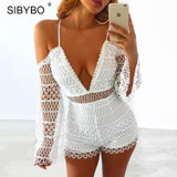 Sibybo Off Shoulder Lace Rompers Bodysuit Women Summer Deep V Neck Long Sleeve Combinaison Femme Sexy Beach Playsuit Overalls