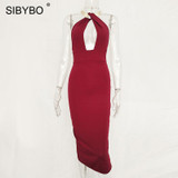Sibybo Halter Backless Split Sexy Party Dresses Off Shoulder Sleeveless Sheath Women Bodycon Dress Autumn Casual Dress Women