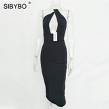 Sibybo Halter Backless Split Sexy Party Dresses Off Shoulder Sleeveless Sheath Women Bodycon Dress Autumn Casual Dress Women