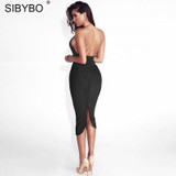 Sibybo Halter Backless Split Sexy Party Dresses Off Shoulder Sleeveless Sheath Women Bodycon Dress Autumn Casual Dress Women