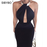 Sibybo Halter Backless Split Sexy Party Dresses Off Shoulder Sleeveless Sheath Women Bodycon Dress Autumn Casual Dress Women