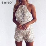 Sibybo Casual Mesh Lace Jumpsuit Women Summer Beach Off Shoulder Floral Embroidery Bodysuit Sexy Hollow Out Short Party Overalls