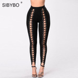 SIBYBO Front Lace Up Pencil Pants 2017 Spring Autumn High Waist Hollow Out Stretch Sexy Bandage Slim Party Women Pants Trousers