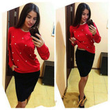 Shyloli 2017 pearls beading womens Sweatshirts Women fashion elegant Casual Autumn winter Outfit Long Sleeve O-Neck Pullover Top