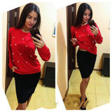 Shyloli 2017 pearls beading womens Sweatshirts Women fashion elegant Casual Autumn winter Outfit Long Sleeve O-Neck Pullover Top