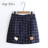 Shugo Wynne Mori Girl Skirts 2017 Autumn Winter New Women Kawaii Bear Plaid Pocket Pack Hip Slim Woolen Skirt A-line Skirt