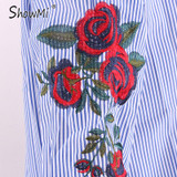 ShowMi Plus Size Women Clothing 4XL 2017 Tops Blouses Korean Spring Summer Thin Ladies White Blue Rose Embroidered Striped Shirt