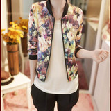 Hot Selling 1PC Women Stand Collar Long Sleeve Zipper Floral Printed Bomber Jacket