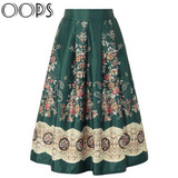 NEW OOPS Autumn Winter Ethnic Floral Print Skirts Women Clothes 2018 High Waist Pleated Skirt Elegant Vintage Midi Saia A1608006