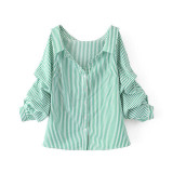 New Off Shoulder Green Striped Fold Three Quarter Sleeve Blouse Women 2017 Summer Blouses Shirt Women Elegant Tops Blusas Female
