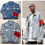 New mens hip hop ripped jeans denim jacket coat fear of god FourTwoFour 424 jeans jackets for men z14