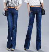 High Quality women's spring big straight Ripped Jeans Mid waist wide leg Denim pants Flare Trousers free shipping