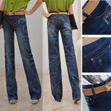 High Quality women's spring big straight Ripped Jeans Mid waist wide leg Denim pants Flare Trousers free shipping