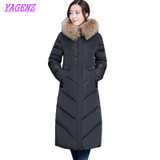 High quality Women Winter warm Down cotton Jacket Hooded Raccoon Fur collar Cotton outerwear Fashion Black Long Overcoat B201