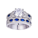 High Quality White CZ&Sapphire Solid Real Sterling Silver Jewelry 2-Pcs Wedding Engagement 925 Silver Jewelry Ring Set High Quality White CZ&Sapphire Solid Real Sterling Silver Jewelry 2-Pcs Wedding Engagement 925 Silver Jewelry Ring Set