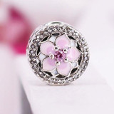 Fit Original Pandora Charms Bracelet Authentic 925 Sterling Silver Magnolia Bloom Charm Beads Pink enamel flowers Jewelry Gift