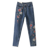 FIRSTTO Floral Embroidery Demin Skinny Jeans Pencil Pants Zipper Pocket Button Cozy Casual Women Slim Trousers femme Dark Blue
