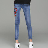 Fire Snake Bee Embroidery Jeans Women 2018 Spring Autumn Mid-Waist Casual Skinny Pencil Denim Pants Pantalon Femme TGJ641
