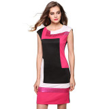FINEJO Women Fashion Sexy Slim Bodycon Dress Geometrical Patchwork Contrast Color Short Sleeve O-neck Pencil Short Dress S-XXXL