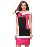 FINEJO Women Fashion Sexy Bodycon Dress Vestidos Geometrical Patchwork Contrast Color Short Sleeve O-neck Pencil Dress S-XXXL