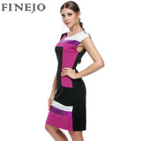 FINEJO Women Fashion Sexy Bodycon Dress Vestidos Geometrical Patchwork Contrast Color Short Sleeve O-neck Pencil Dress S-XXXL