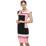 FINEJO Women Contrast Color Party Dress M-XXXL Fashion Plus Size Geometrical Patchwork Short Sleeve O-neck Pencil Bodycon Dress