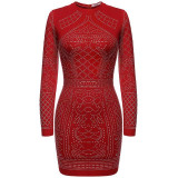 FINEJO Women Autumn Bling Sequin Bodycon Dress Sexy Geometric Retro O-neck Long Sleeve Elegant Bandage Pencil Office Dresses
