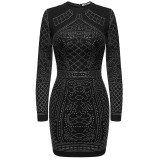FINEJO Women Autumn Bling Sequin Bodycon Dress Sexy Geometric Retro O-neck Long Sleeve Elegant Bandage Pencil Office Dresses
