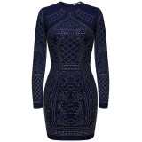 FINEJO Women Autumn Bling Sequin Bodycon Dress Sexy Geometric Retro O-neck Long Sleeve Elegant Bandage Pencil Office Dresses