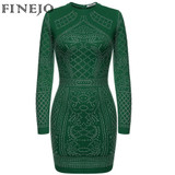 FINEJO Women Autumn Bling Sequin Bodycon Dress Sexy Geometric Retro O-neck Long Sleeve Elegant Bandage Pencil Office Dresses
