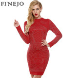 FINEJO Women Autumn Bling Sequin Bodycon Dress Sexy Geometric Retro O-neck Long Sleeve Elegant Bandage Pencil Office Dresses