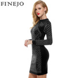 FINEJO Women Autumn Bling Sequin Bodycon Dress Sexy Geometric Retro O-neck Long Sleeve Elegant Bandage Pencil Office Dresses
