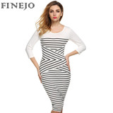 FINEJO Women Autumn Dress O-neck 3/4 Sleeve Sexy Casual Patchwork Striped Bodycon Pencil Dress S-XXL Women's Clothing Vestidos