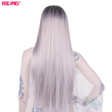 Feilimei Middle Part Ombre Gray Wig Synthetic Japanese Fiber 26 Inch 280g Long Straight Full Head Wigs for Women Hair Extensions