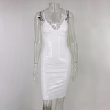 Feditch Women PU Sexy Dress Autumn Sleeveless Bodycon Dress Women Vintage Vestidos Spaghetti Strap Elegant Lady Party Dresses