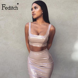 Feditch 2017 Sexy PU Leather Dress Women Two Piece Dress Autumn Bodycon Spaghetti Strap Party Women Dresses Lady Vestidos
