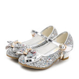 Princess Kids Leather Shoes for Girls Flower Casual Glitter Children High Heel 2020 Girls Shoes Butterfly Knot Blue Pink Silver