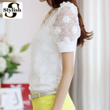Beading Lace Blouse Women Short Sleeve Top Office Clothes 2017 Korean Style Summer Elegant Pearl V-neck Lady Shirt Female Blusa Beading Lace Blouse Women Short Sleeve Top Office Clothes 2017 Korean Style Summer Elegant Pearl V-neck Lady Shirt Female Blusa