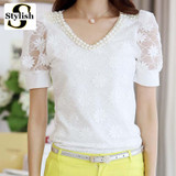 Beading Lace Blouse Women Short Sleeve Top Office Clothes 2017 Korean Style Summer Elegant Pearl V-neck Ladies Shirt Female 2016 Beading Lace Blouse Women Short Sleeve Top Office Clothes 2017 Korean Style Summer Elegant Pearl V-neck Ladies Shirt Female 2016