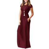 BBYES 2018 Women Summer Maxi Long Dress Elegant Solid Short Sleeve O Neck Slim Pockets Dresses Spring Casual Party Vestidos New