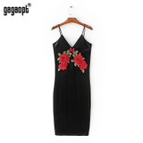 Gagaopt 2017 Flower Embroidery Summer Dress Deep V-neck Sheath Velvet Party Dresses Women Elegant Bodycon Dress Vestidos Robes