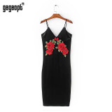 Gagaopt 2017 Flower Embroidery Summer Dress Deep V-neck Sheath Velvet Party Dresses Women Elegant Bodycon Dress Vestidos Robes