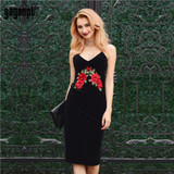 Gagaopt 2017 Flower Embroidery Summer Dress Deep V-neck Sheath Velvet Party Dresses Women Elegant Bodycon Dress Vestidos Robes