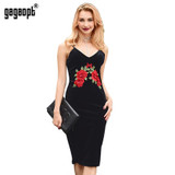 Gagaopt 2017 Flower Embroidery Summer Dress Deep V-neck Sheath Velvet Party Dresses Women Elegant Bodycon Dress Vestidos Robes